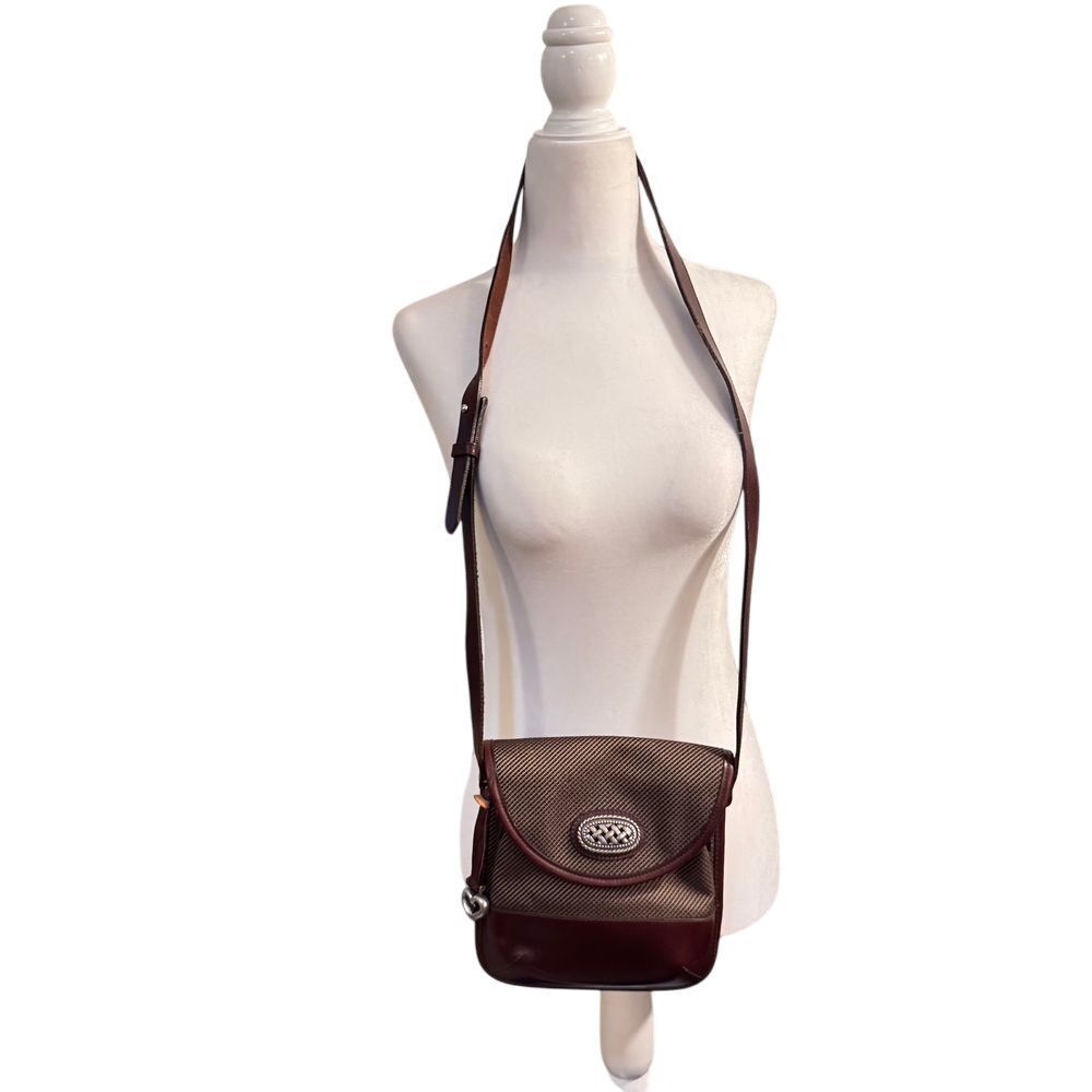 Brighton Tweed & Leather Crossbody Silver tone Hardware Brown‎ Woven Pattern EUC
